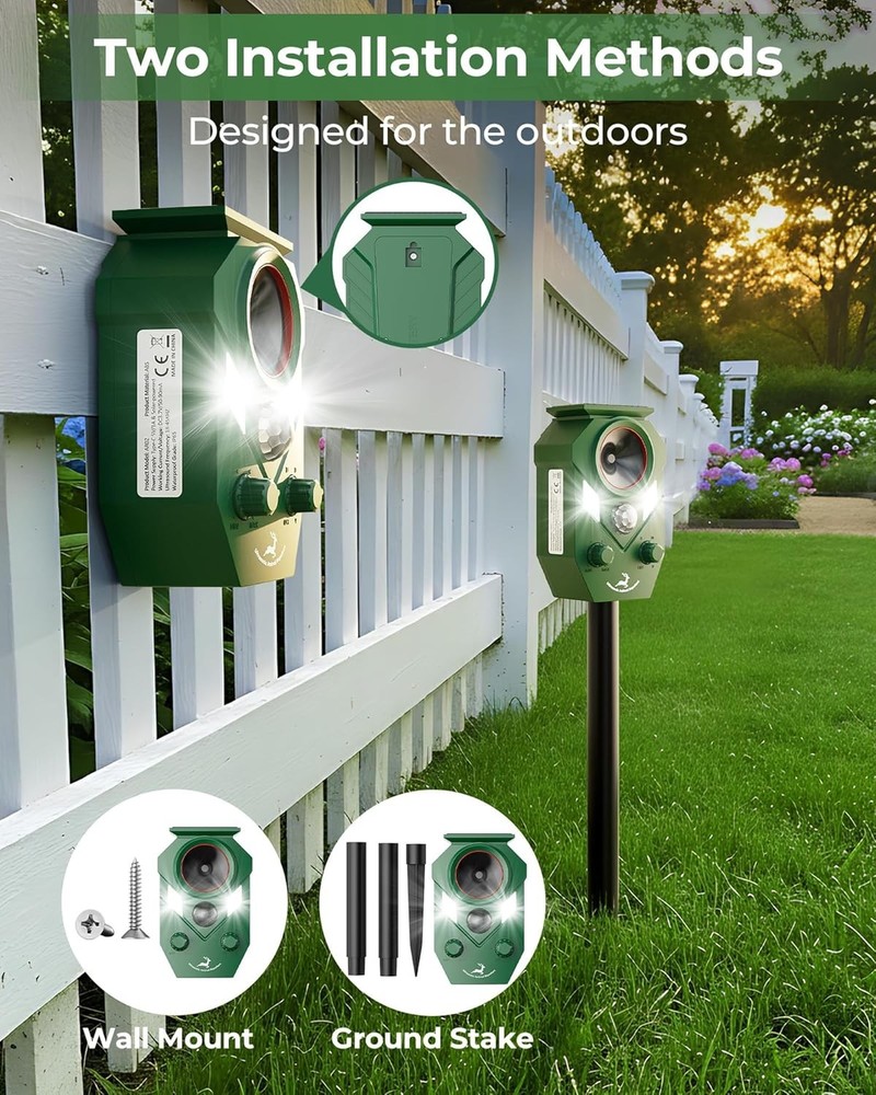 Humane Solar Deer Repellent - Ultrasonic Motion Sensor with Strobe Light, 4-Pack