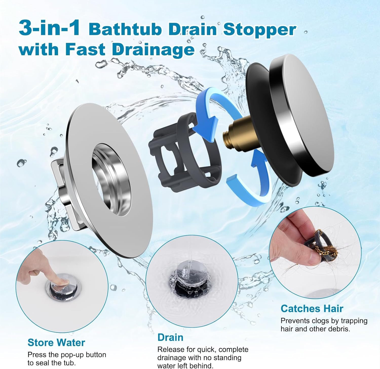 3-in-1 Universal Metal Bathtub Drain Stopper with Hair Catcher and Filter
