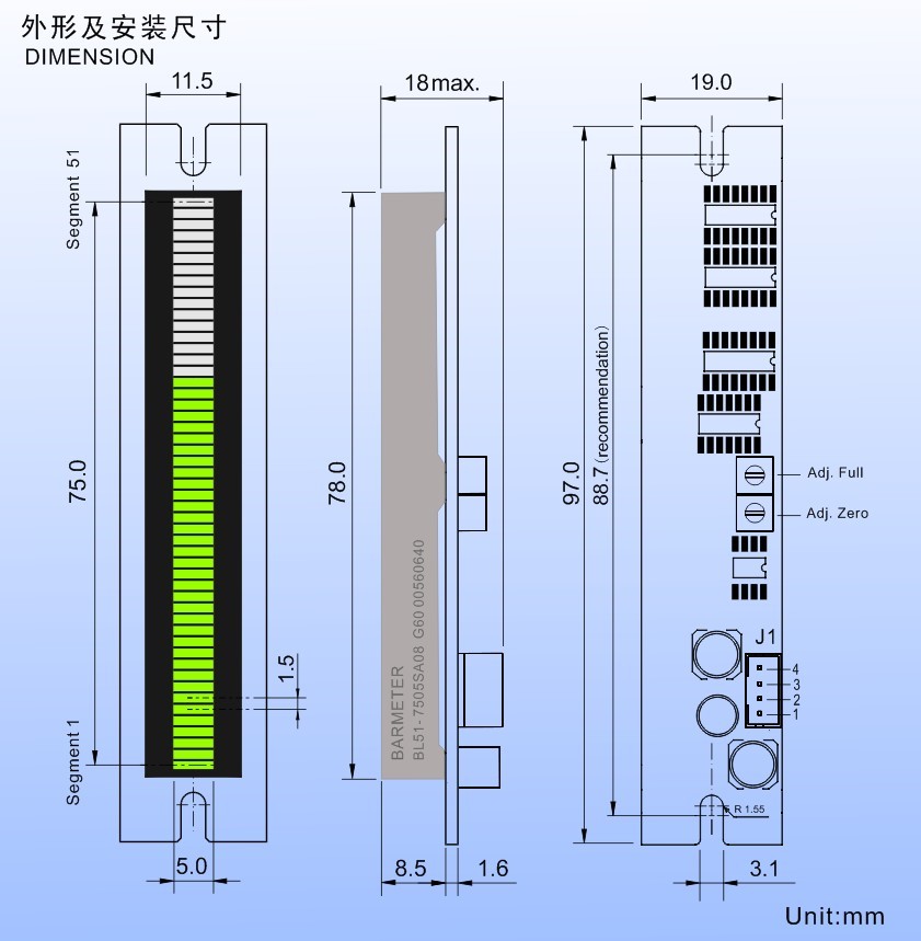 Special offer--51seg LED Bargraph Module DC24V Power, Emerald,4-20mA (24CA7024)