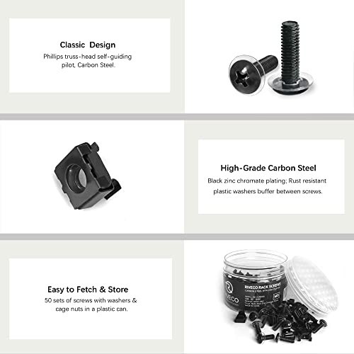 Rack Screws & Cage Nuts for Server Cabinets - 50 Sets Black Mounting Clips
