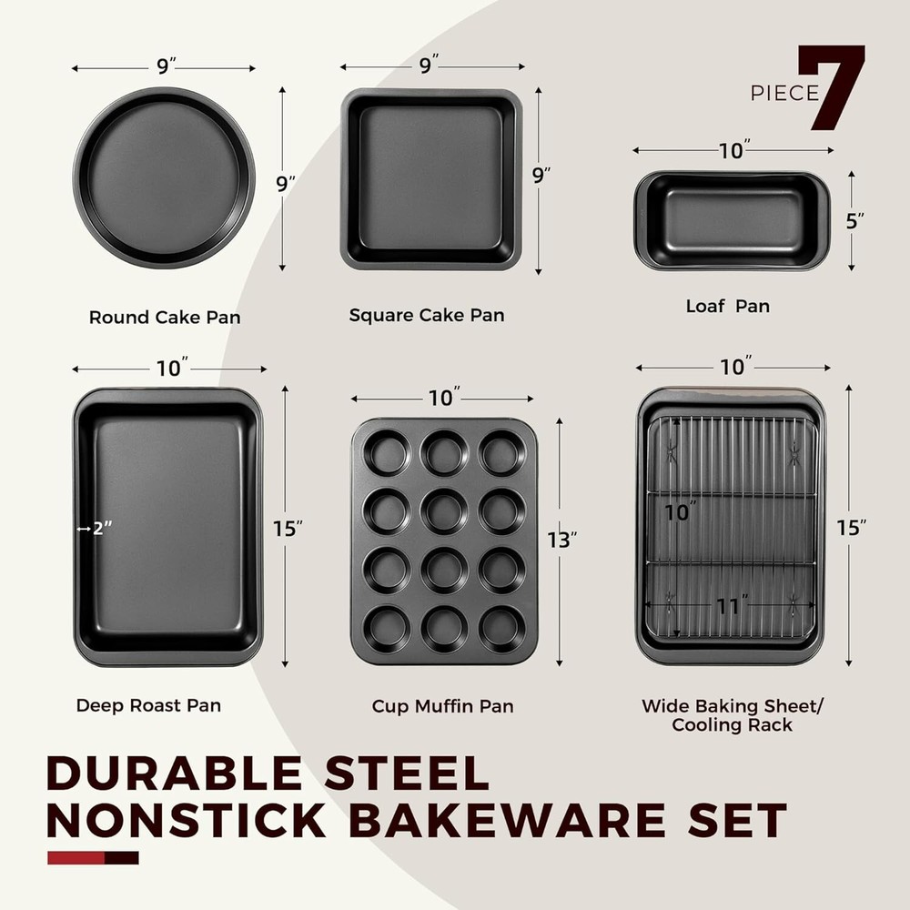 Baking Pans Sets, Nonstick Bakeware Sets 7-Piece with Round/Square Cake Pan