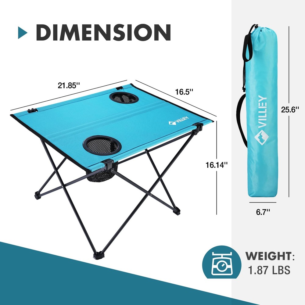 VILLEY Folding Camping Table, Lightweight Portable Beach Table with 2 Cup Holder