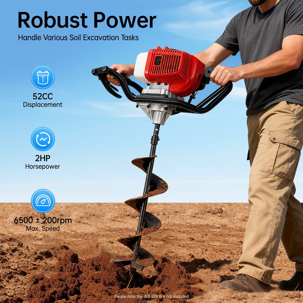 2-Stroke Post Hole Digger Engine, 52CC Gas Powered Earth Auger, NO Drill Bits