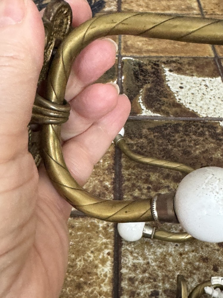 Vintage Large Brass Wall Double Hooks Porcelain Knobs Victorian Style