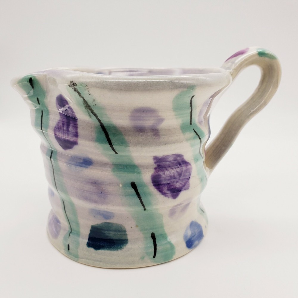 Studio Art Pottery Creamer Small Pitcher Purple Signed Abstract Eclectic Boho