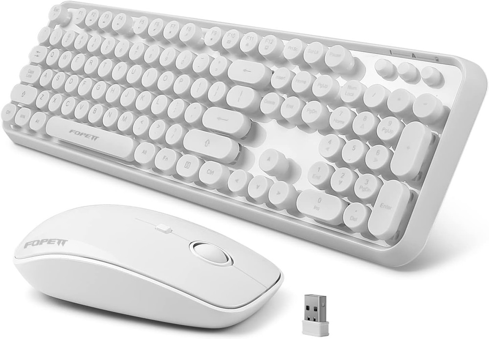 Wireless Keyboard and Mouse Combo, Full-Sized 2.4 GHz Round Keycap, USB (White)