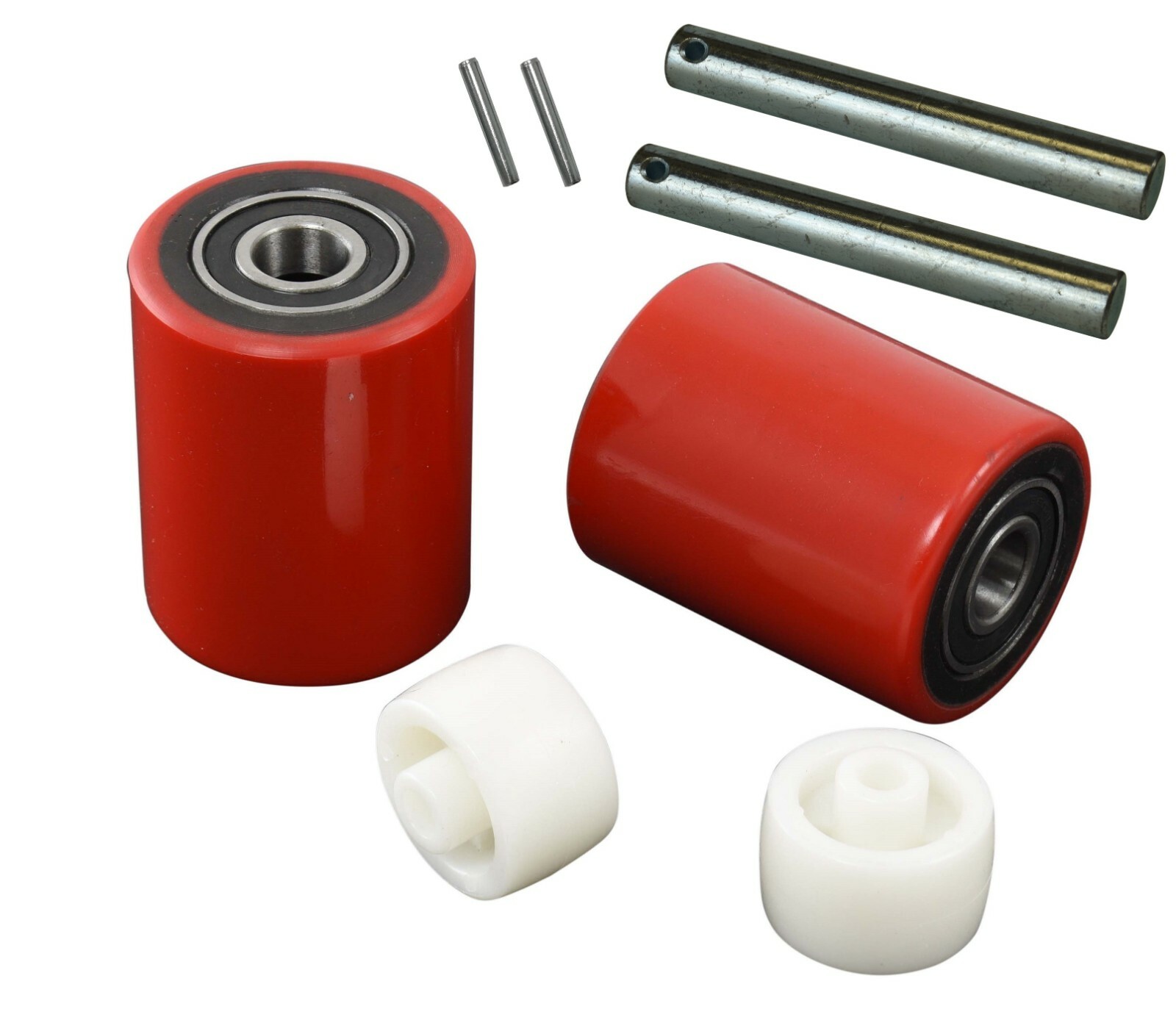 Pallet Jack/Truck Poly Wheels Full Set with Axles, Bearings, Entry Rollers, Caps