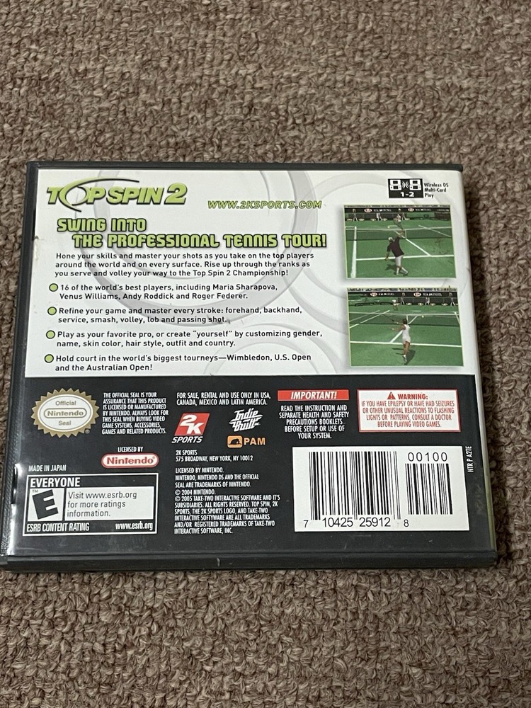 Top Spin 2 (Nintendo DS, 2006) Empty Replacement Case Only No Game