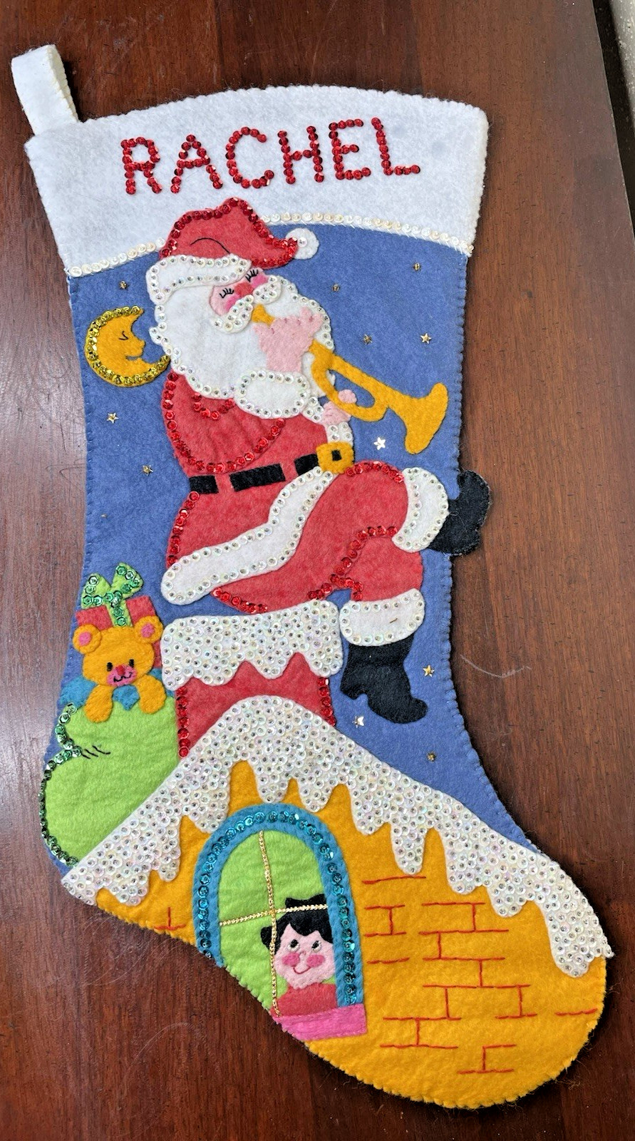 Vintage Name Rachel 3D Santa Claus Trumpet Music Bear Beaded Christmas Stocking