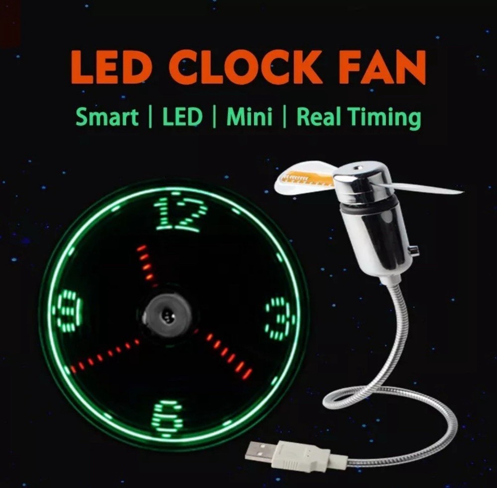 LED Clock Fan Real Time Display Function Mini USB Fan Powered Cooling Flashing