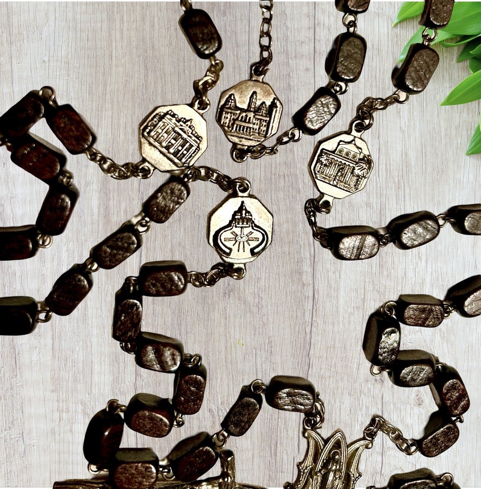 Unique Vatican Dark Wood Rosary w Basilicas of Rome As Decade Markers Italy