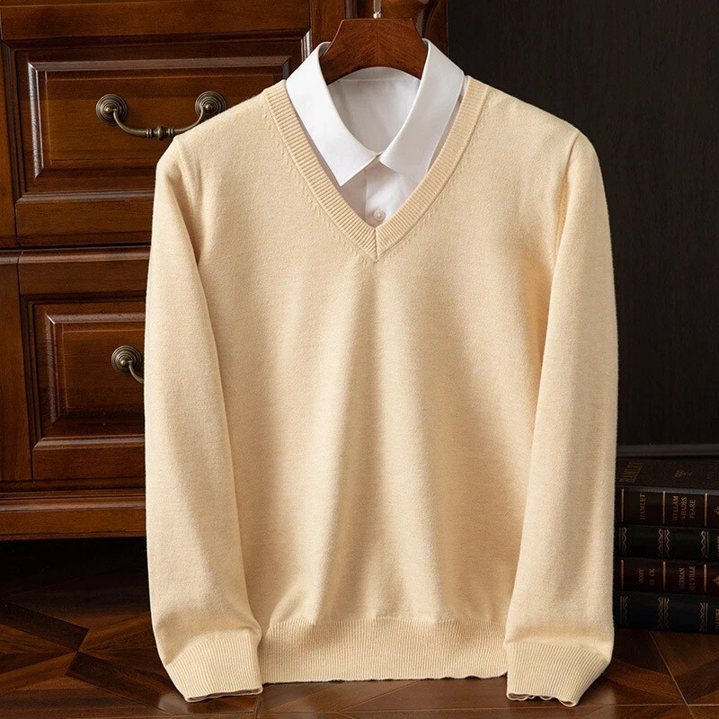 Men's Cashmere Blend Sweater V-Neck Long Sleeve Pullover Knit Base Warm Knitwear