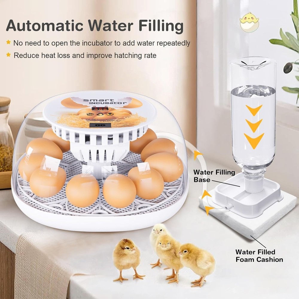 Compact 12 Egg Hatching Incubator with Auto Water & LED Candle Functionality
