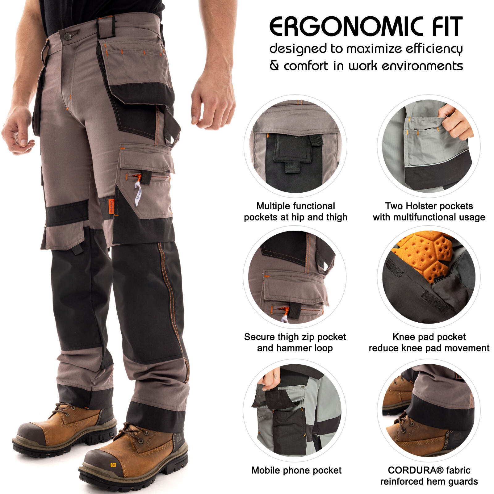 Mens Construction Pants Heavy Duty Cordura Reinforced Workwear Utility Trousers