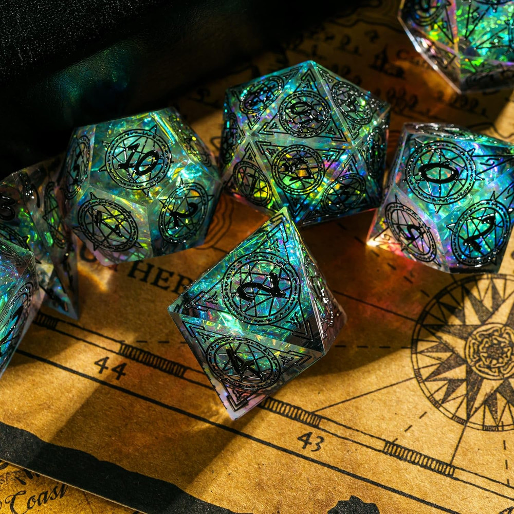 7-Die Sharp Edges DND Dice Set, Magic Circle Pattern Polyhedral D&D Dice Set for