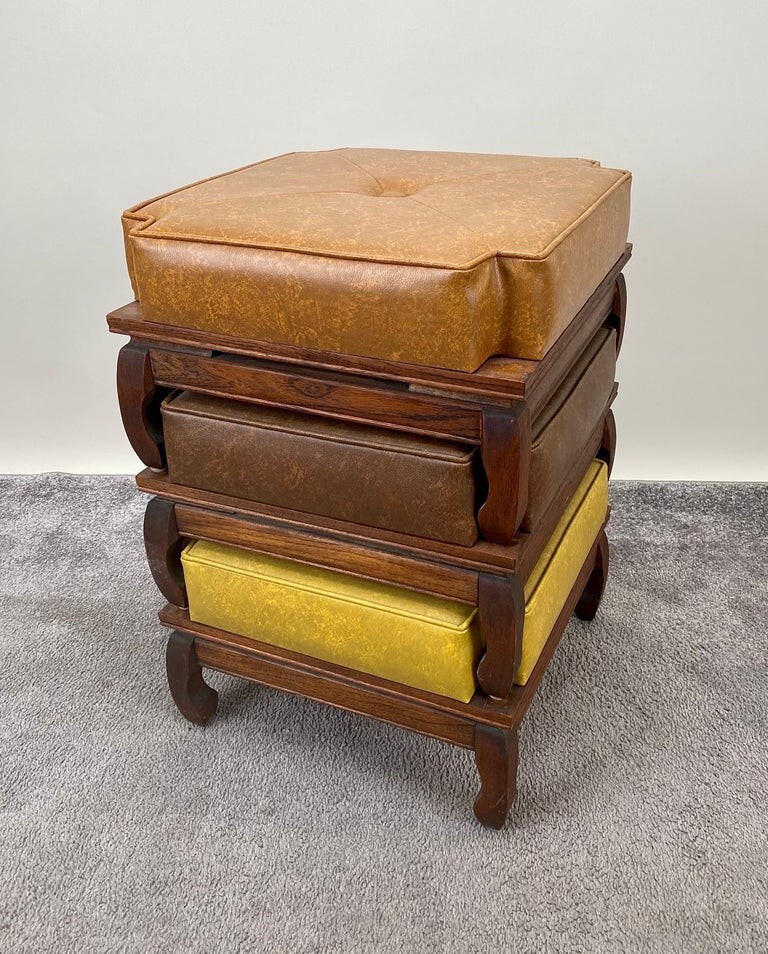 Mid-Century Modern Leather Nesting Stackable Ottoman Stools, 3 Pcs