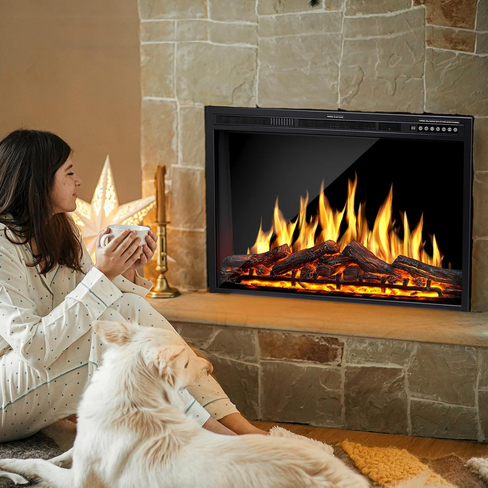37" Electric Fireplace Insert with Remote, Adjustable Flames & Brightness