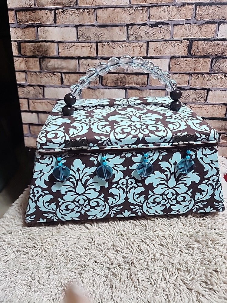 ST JANE LARGE CLOTH PADDED SEWING BOX W/BEADED HANDLE BROWN/TEAL RECTANGLE