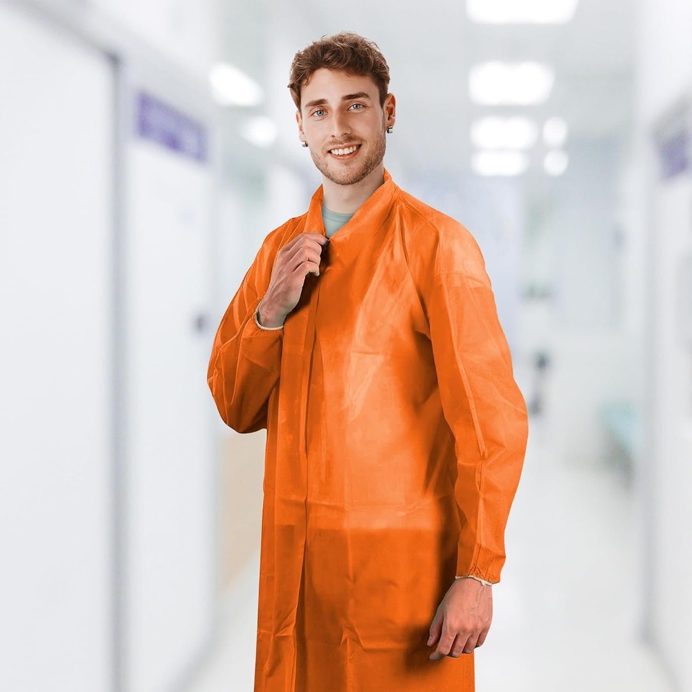 Orange Disposable Lab Coats, 3XL, 10 Pack, Polyethylene, No Pockets