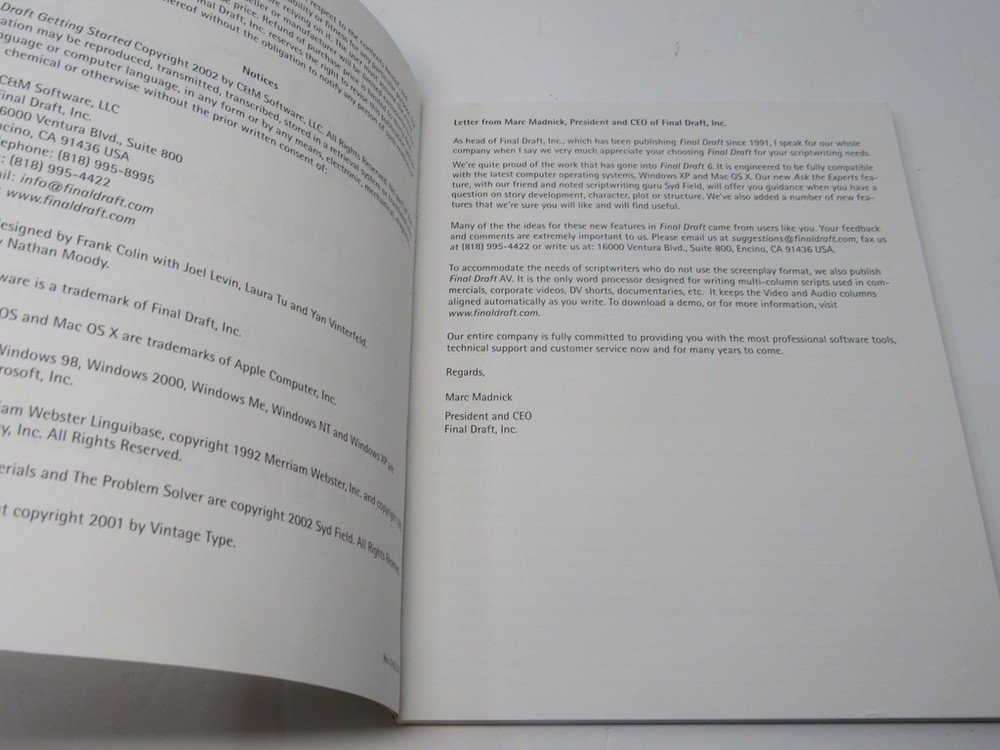 Final Draft Version 5 Scriptwriting Software Getting Started User's Guide 2002