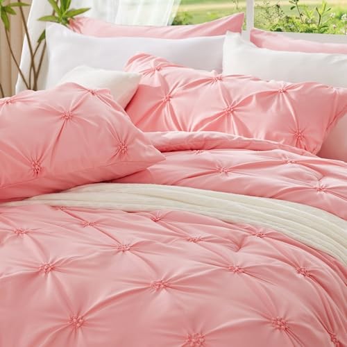 Pink Comforter Set Queen - 3 Pieces Boho Pintuck Bedding Comforter Sets,