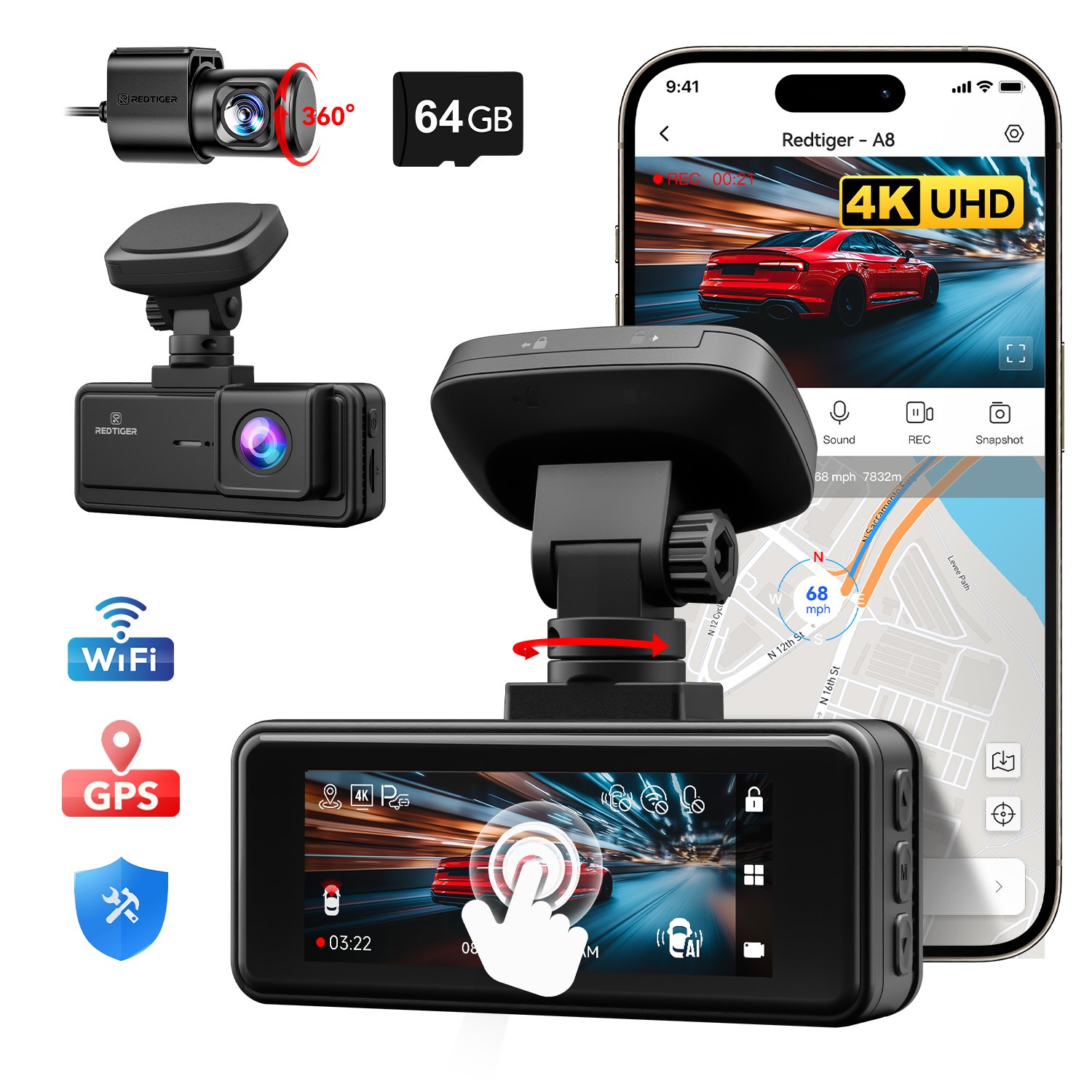 REDTIGER 4K Dash Cam Front and Rear with AI-Powered Driver Assistance G-Sensor
