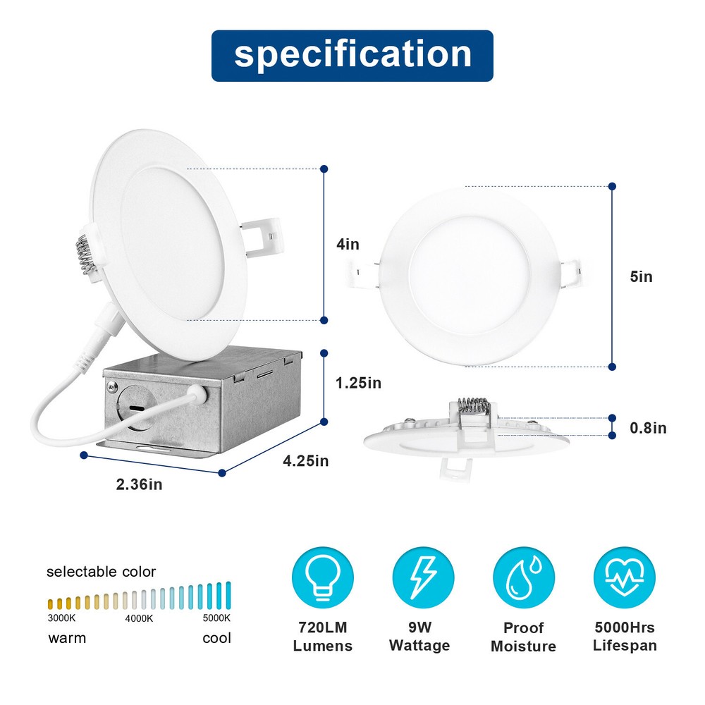 40 Pack 4 Inch 9W 5CCT LED Recessed Ceiling Down Light W/Junction Box Dimmable