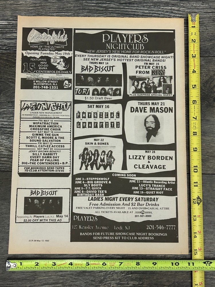 KISS Concert Ad Advert PETER CRISS Tour 1992 Players Nightclub NJ Vintage Kiss D