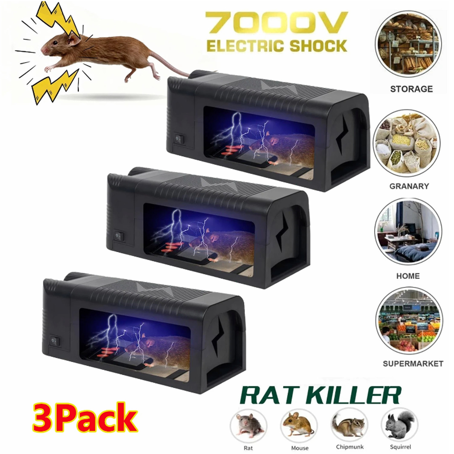 3PCS Electronic Mouse Trap Victor Control Rat Killer Pest Electric Rodent Zapper