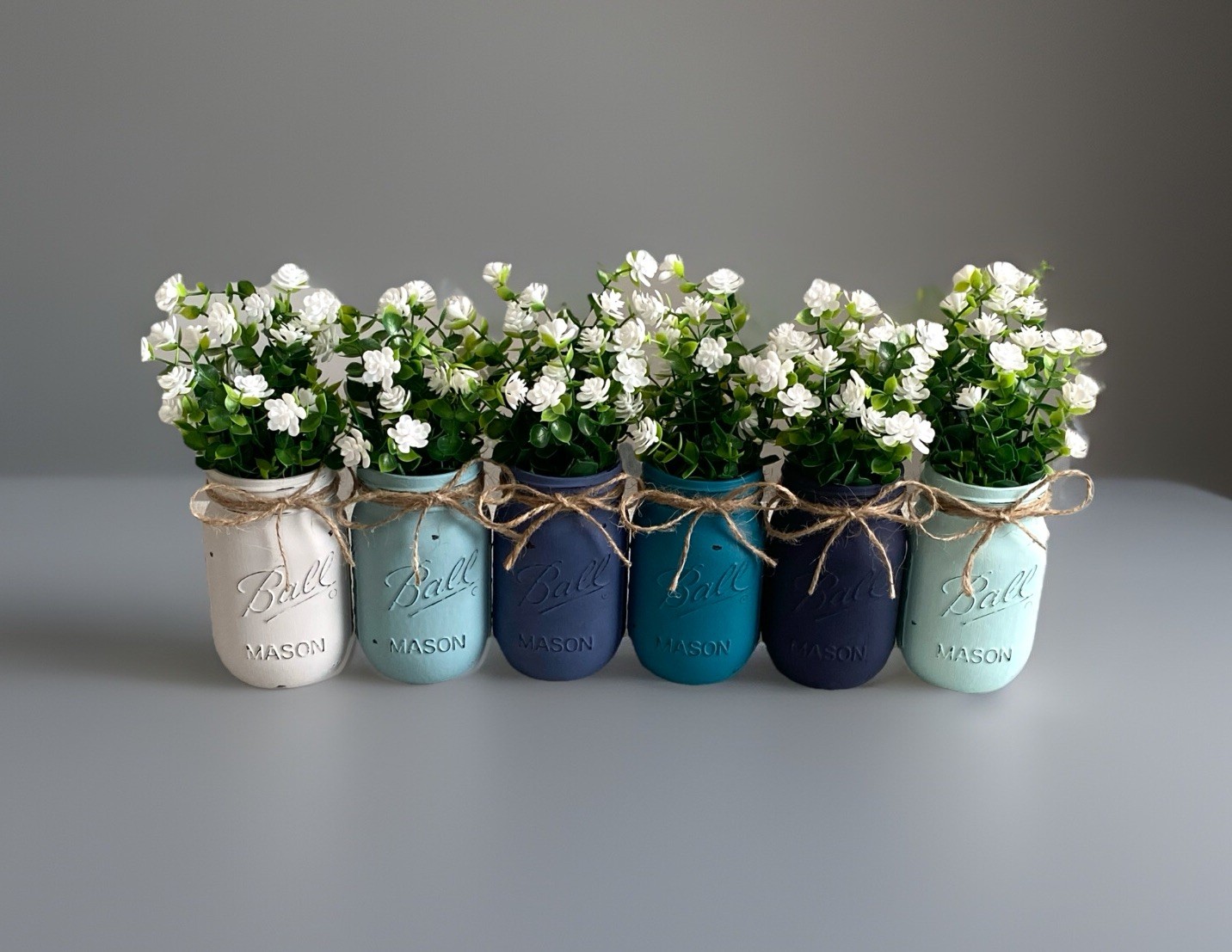 Set of 6 chalk painted distressed mason jar vases w/faux flowers included