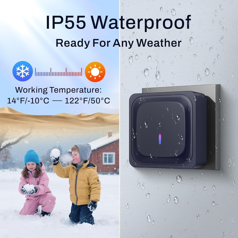 Waterproof Wireless Doorbell - 1000Ft Range, Adjustable Volume & Flash