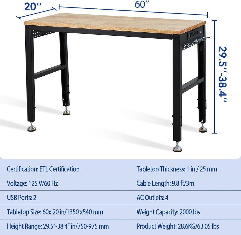 Adjustable Height Workbench 60"L x 20"W Work Bench Table w/ Power Outlets 2000 l