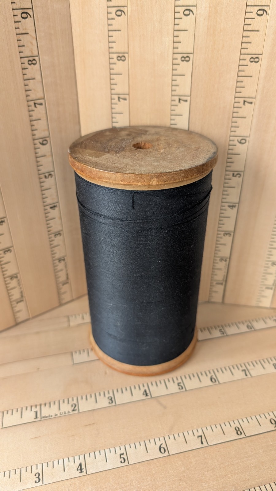 Antique Giant Spool of Thin Thread Wood Spool Black Colored Thread 6" Tall X3.5"