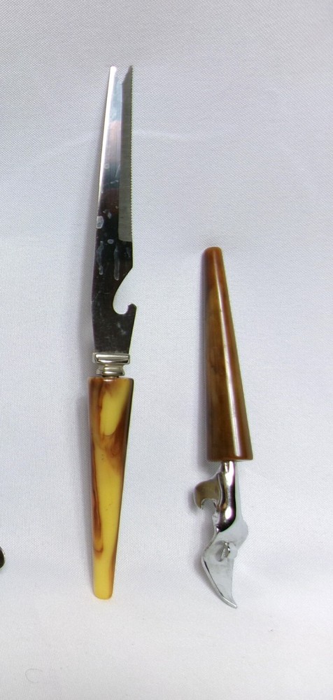 Set/5 - MCM Vintage Marbled BAKELITE Handled Barware Tool Set - EUC