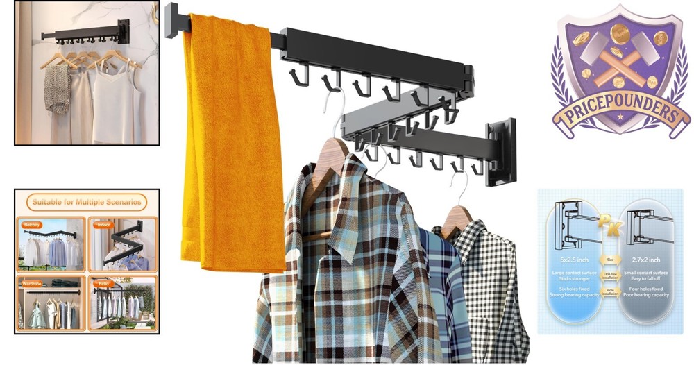 Wall Mounted Folding Clothes Drying Rack with Retractable Hooks - Modern Design