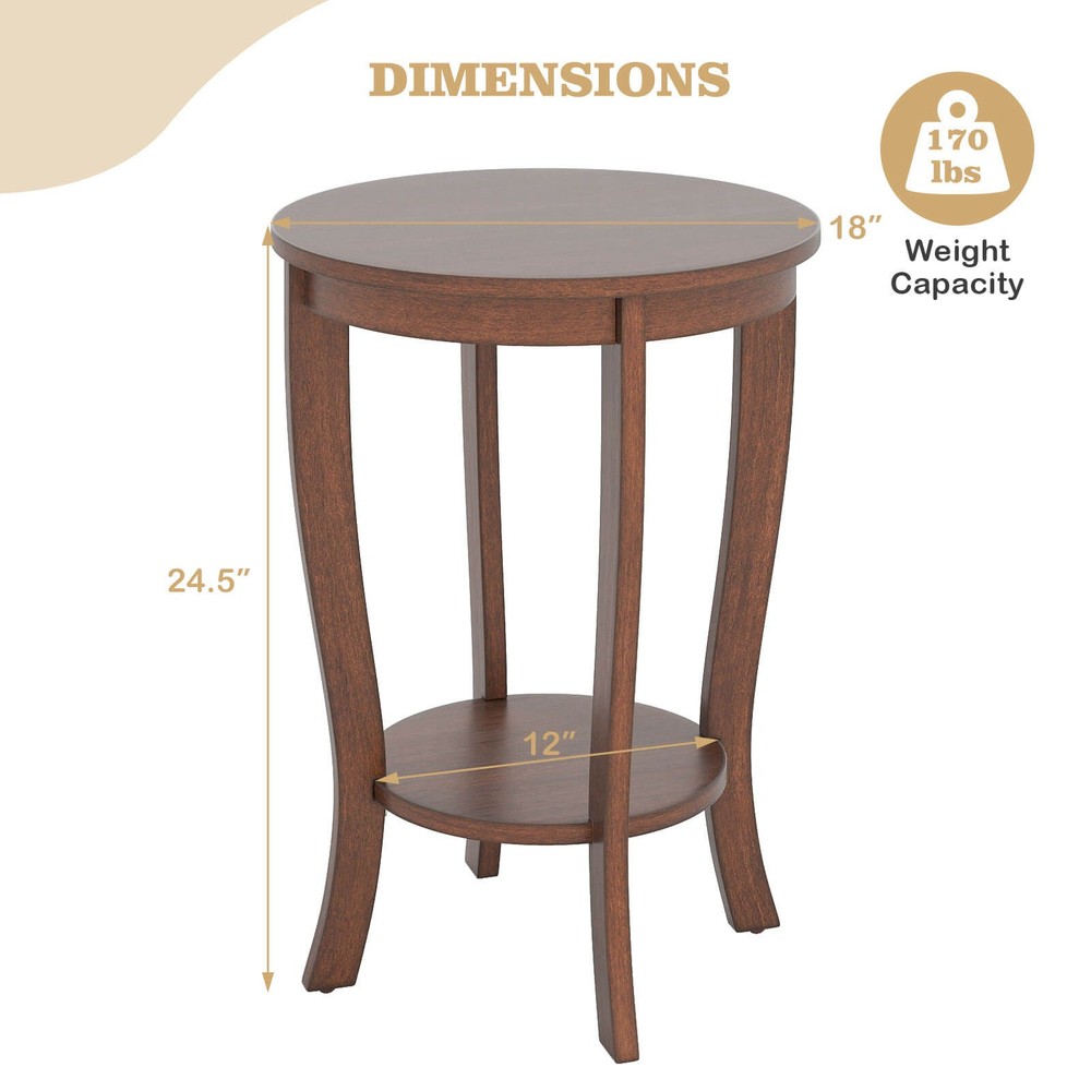 2-Tier End Table 18" Round Compact Sofa Side Nightstand w/Storage Shelf