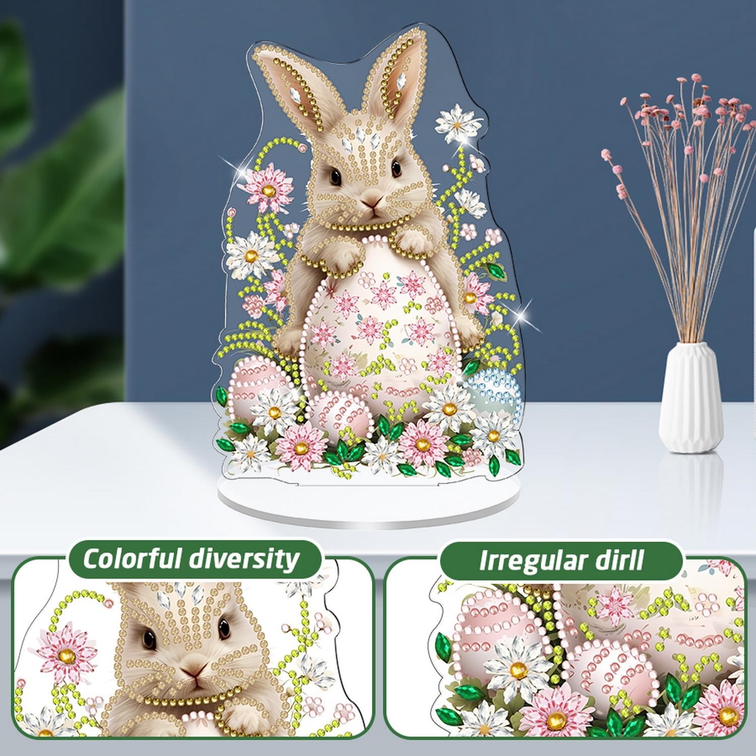 1 Pcs Easter Tabletop Diamond Painting Ornament Cute Bunny Eggs Flower Designs..