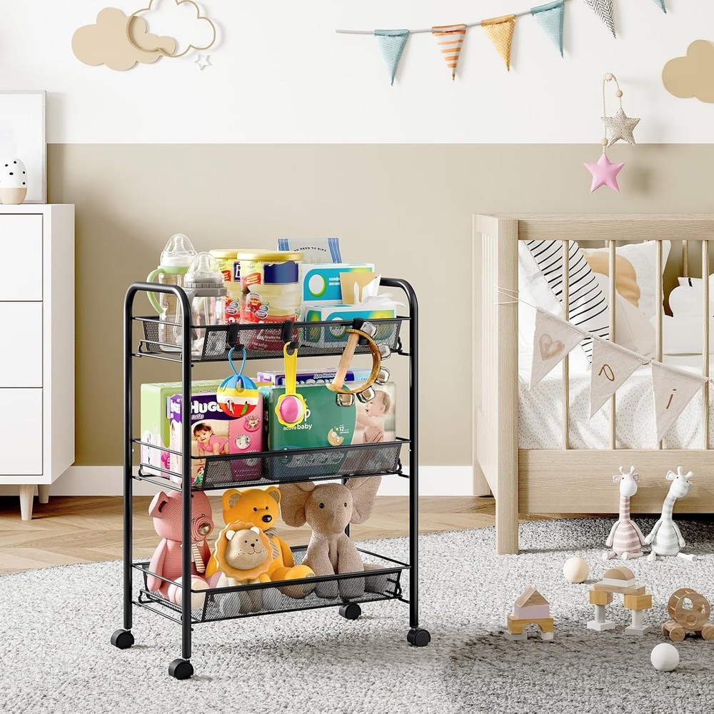 Versatile 3-Tier Rolling Utility Trolley - Space-Efficient Organizer with Hooks