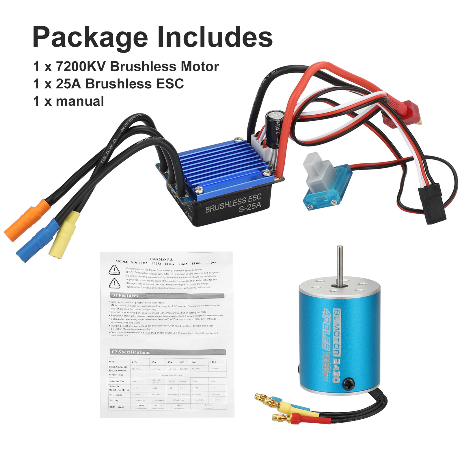 2430 7200KV Waterproof Brushless Motor+ESC Combo Set for 1/18 1/16 RC Car Truck