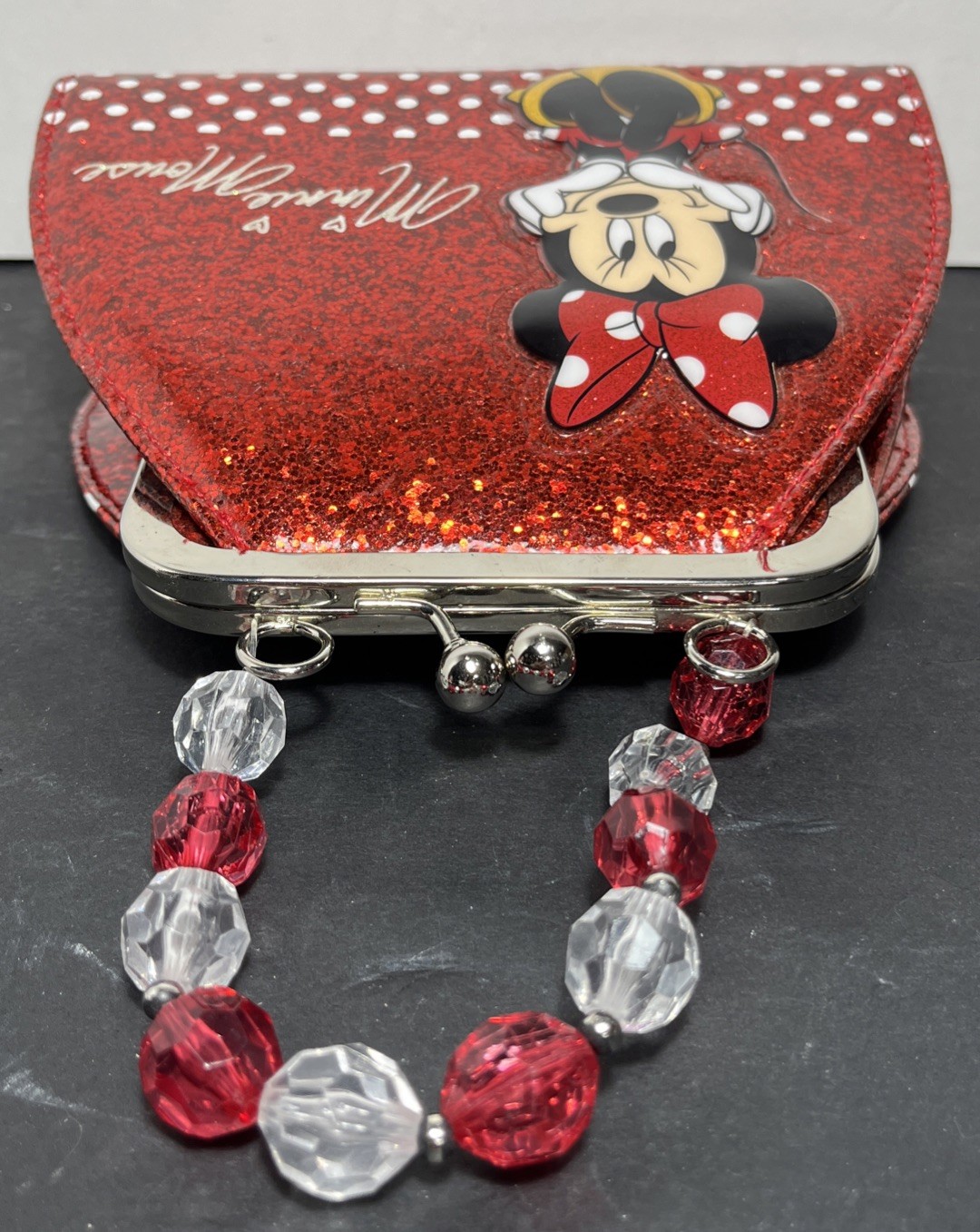 Walt Disney Parks Minnie Mouse Red Glitter Sparkle Coin Purse Bag W/ Kiss Lock
