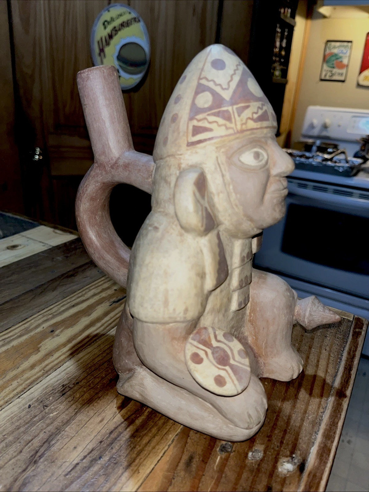 Peruvian Moche Pichu Style Pottery Stirrup Spout Vessel 8 1/2" Kneeling Warrior