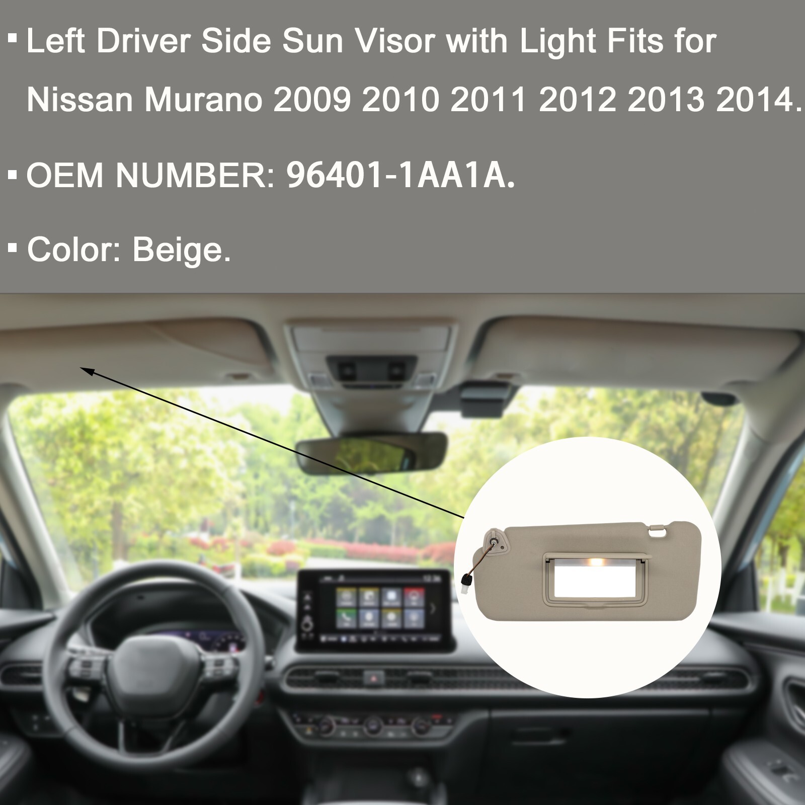 Left Driver Side Sun Visor W/ Light Fits for Nissan Murano2009-2014 96401-1AA1B