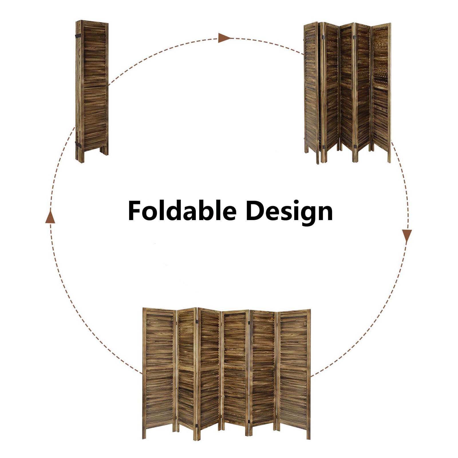 6 Panel Wood Room Divider Folding Privacy Screen Louvered Partition Wall Brown