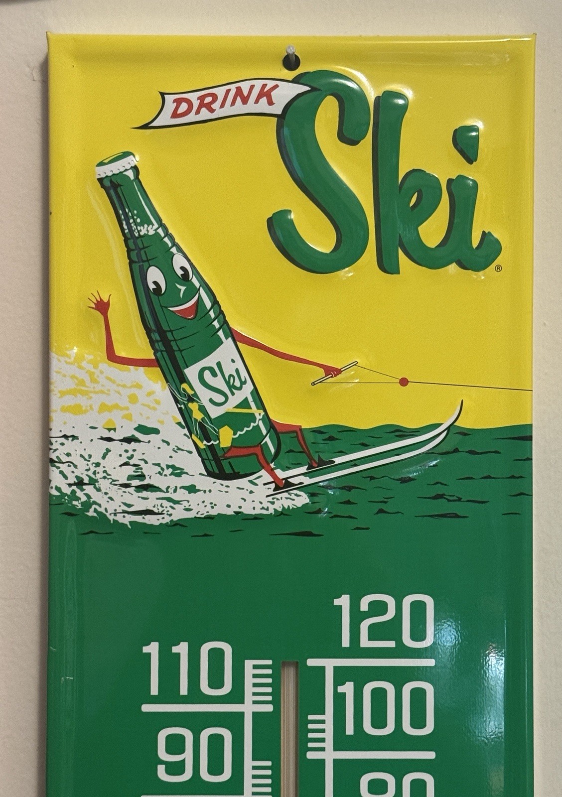 Vtg SKI Cola Metal Thermometer - Say Skeee - measures 7" x 28" LARGE