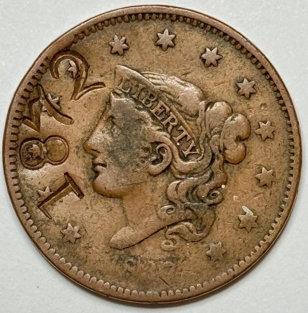 1837 Coronet Head Copper Large Cent Counterstamped 1872
