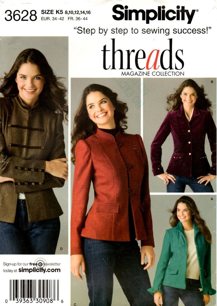 Simplicity Threads Sewing Pattern 3628, Jackets, sz 8-10-12-14-16