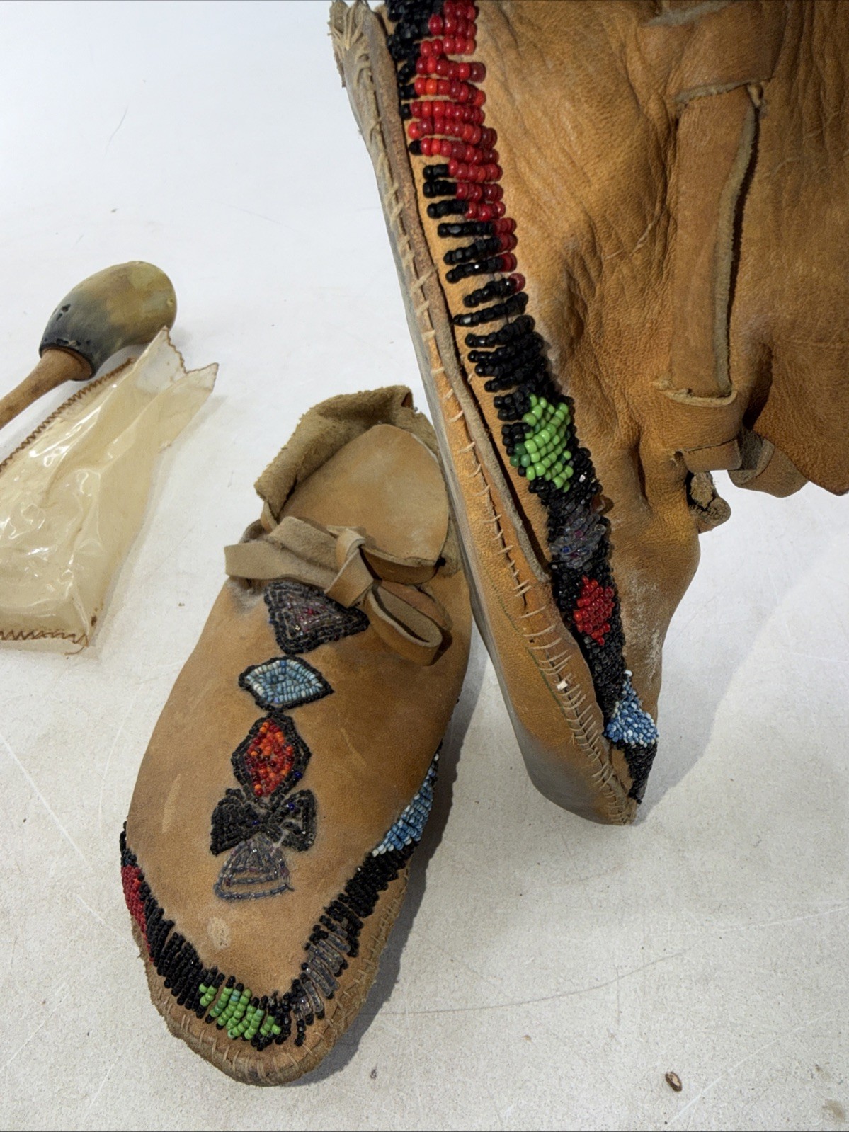 Authentic Native American Leather Beaded Moccasin Lot and Indian Rattle