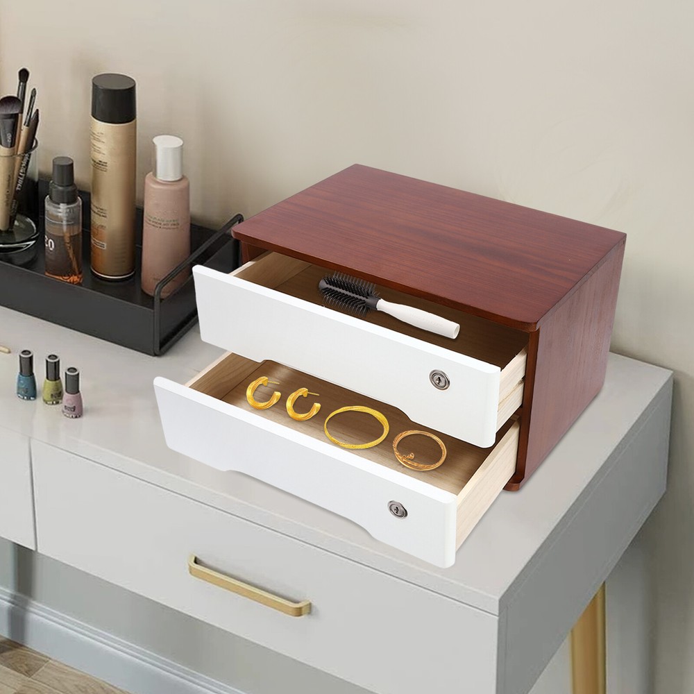Wooden Desk Organizer with Lockable Drawer - 2-Tier Storage Solution