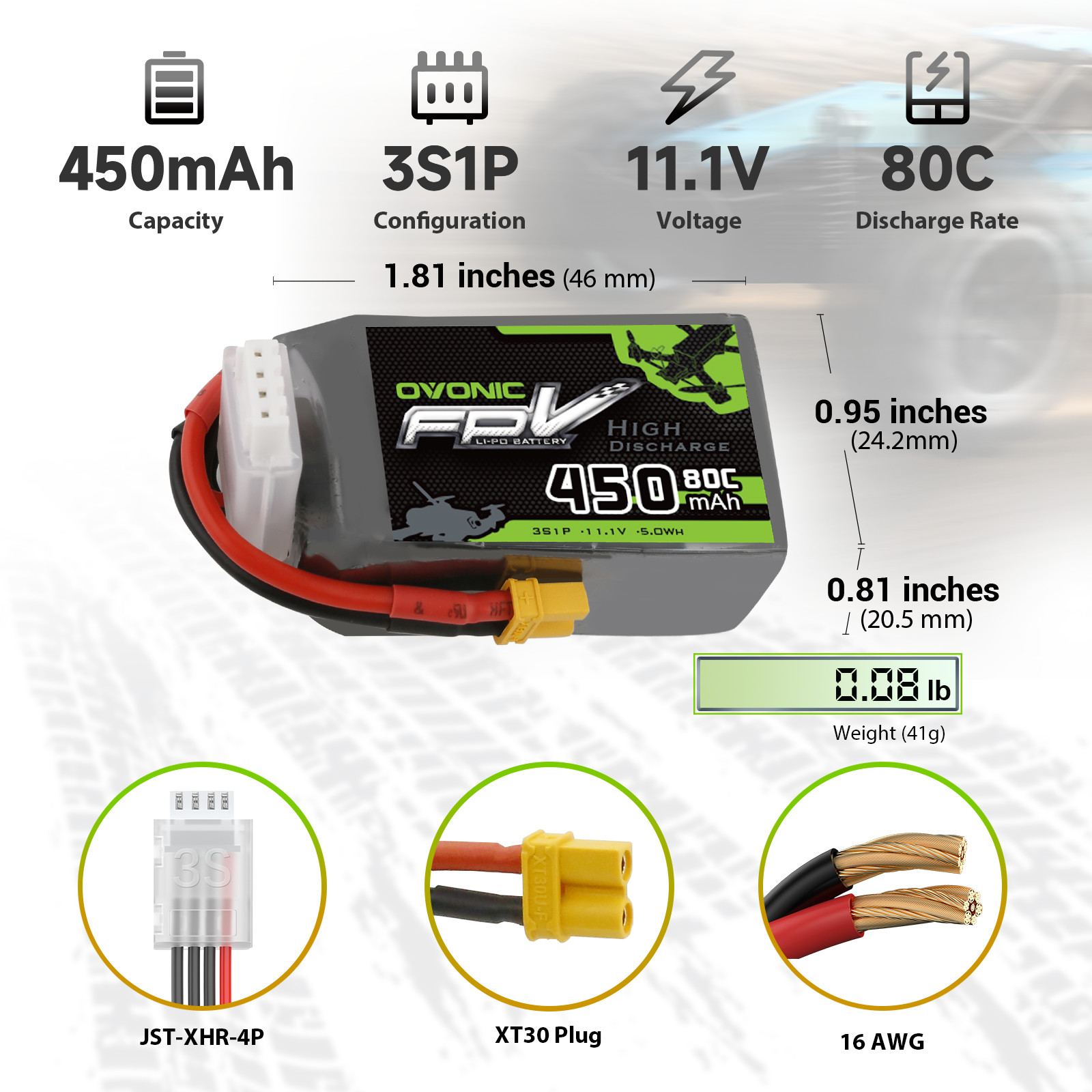 4X OVONIC 11.1V 80C 3S 450mAh Lipo Battery XT30 For Micro drone Whoop Quad FPV