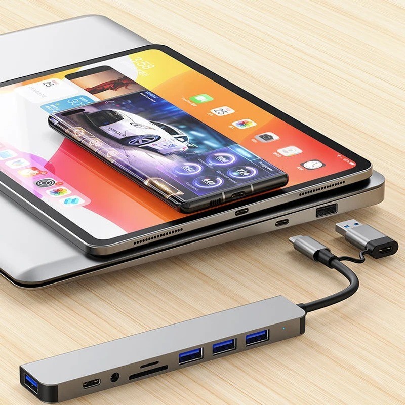 8-in-2 USB Type-C Hub Docking Station Audio Jack Micro SD Reader Adapter